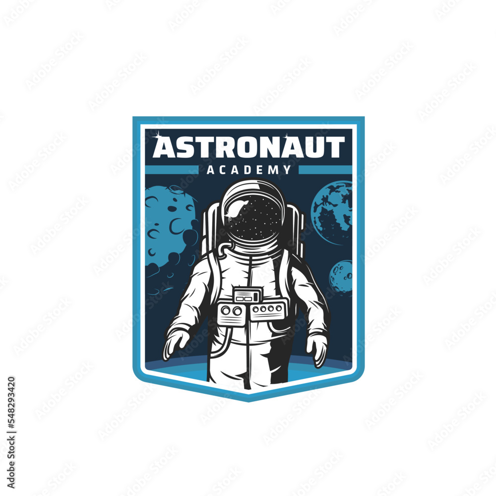 Poster astronaut academy vector icon with spaceman in outer space of galaxy universe, moon and earth planet