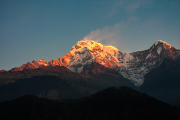 Sunrise at Mt. Annapurna in the Himalayas seen from Ghandruk Trekking, Nepal