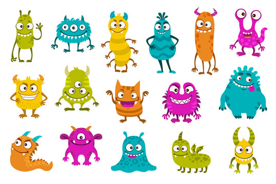 Cartoon funny monster characters. Cute comic creatures, joyful halloween personages isolated vector set. Devils, goblins, aliens kawaii smiling mutants with horns, wings, fangs, eyes, tongues, tails