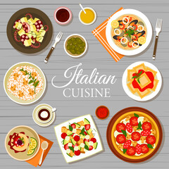 Italian cuisine food menu cover page. Pizza Diavola and seafood spaghetti pasta, ravioli with tomato sauce, cake Cassata and tomato mozzarella salad Caprese, octopus potato salad, mushroom risotto