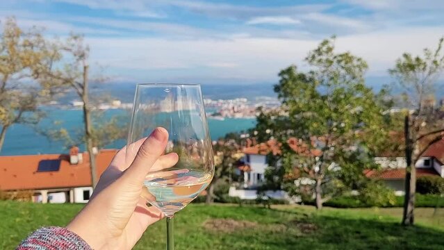 Scenic view to beautiful green hills, red roofs and Adriatic sea against blue sky in spring from Koper, Slovenia. Nature backgrounds