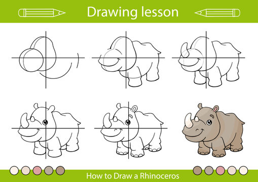 Drawing tutorial and art lesson. How to draw a Rhinoceros. Kids activity page. Children education step by step worksheet. Vector illustration.