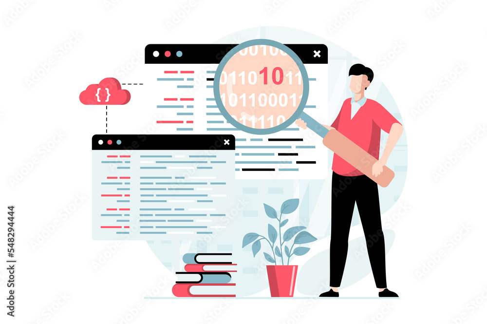 Aufkleber Software development concept with people scene in flat design. Man working as programmer, searches and fixing code errors, develops programs. Illustration with character situation for web