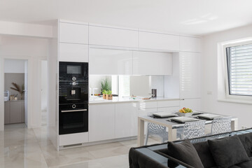 White kitchen with built in appliances in modern apartment