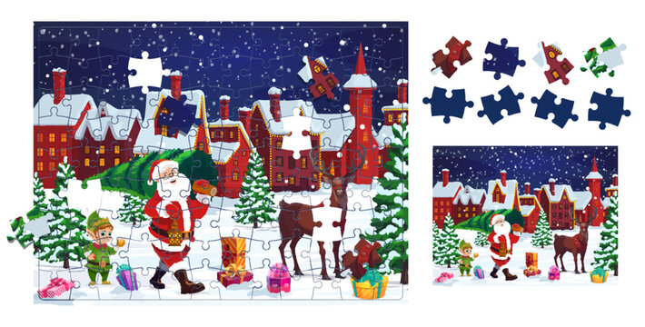 Christmas santa with pine holiday tree. Jigsaw puzzle game pieces. Vector Logic worksheet find detail that fell out of xmas picture. Quiz page for kid, brain teaser task for developing attentiveness