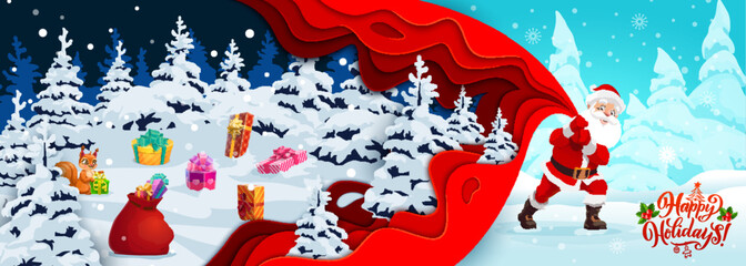 Christmas paper cut banner gifts on snow and cartoon santa with bag. Vector xmas seasonal greeting with funny Father Noel pull huge sack deliver presents to kids at snowy forest. Happy holidays card