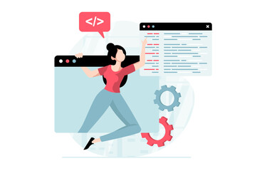 Software development concept with people scene in flat design. Woman programming and fixing code, creating site layout and corrects problems. Illustration with character situation for web