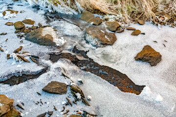 Winter landscape with snow-covered rocks and grass on the river bank