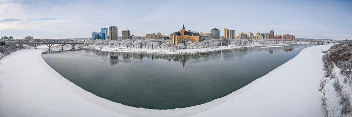 Downtown Aerial View of Saskatoon in Winter
