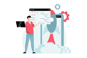 Software development concept with people scene in flat design. Man developing new product, creating program and working in IT startup company. Illustration with character situation for web