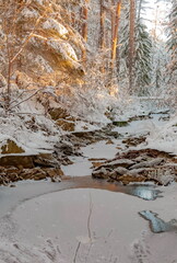 Winter landscape with snow-covered trees, a river in the forest