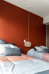 Hotel airbnb room with freshly made king sized bed with headboard, perfectly clean and ironed sheets
