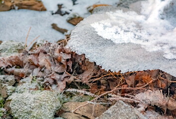 Winter landscape with snow-covered rocks and grass on the river bank