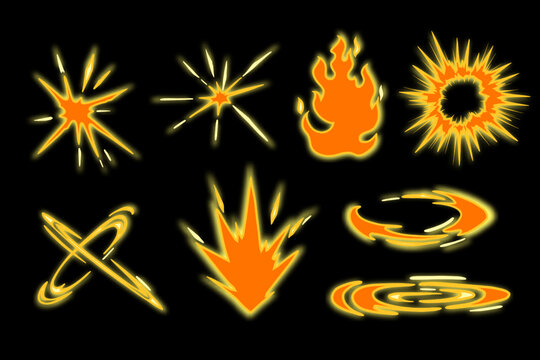 Game effect set, vector comic explosion, cartoon war clash, 2D speed trace, yellow stars rays. Electronic energy shot, magic attack sign, fight power splash, fire flame. Game effect UI collection
