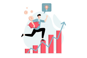 Stock market concept with people scene in flat design. Man successfully invests money in purchase of shares and sells profitably, making profit. Illustration with character situation for web