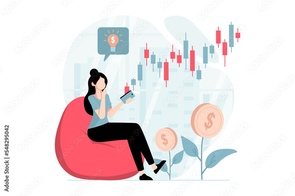 Poster stock market concept with people scene in flat design. woman makes right forecasting and decisions o