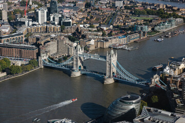 Aerial view of the famous Tower Bridge in London, England