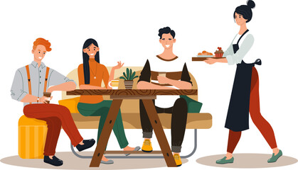 Group friend together eat in restaurant, character people male female rest cozy cafe design isolated on white, flat vector illustration.