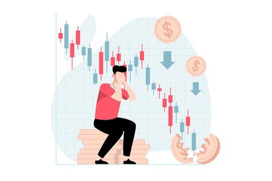 Stock market concept with people scene in flat design. Upset man makes wrong forecasting and decisions on stock exchange, fails and has bankruptcy. Illustration with character situation for web