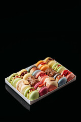 Gift set of large colored macaroons with different fillings and decorations, on a black isolated background. Confectionery concept.