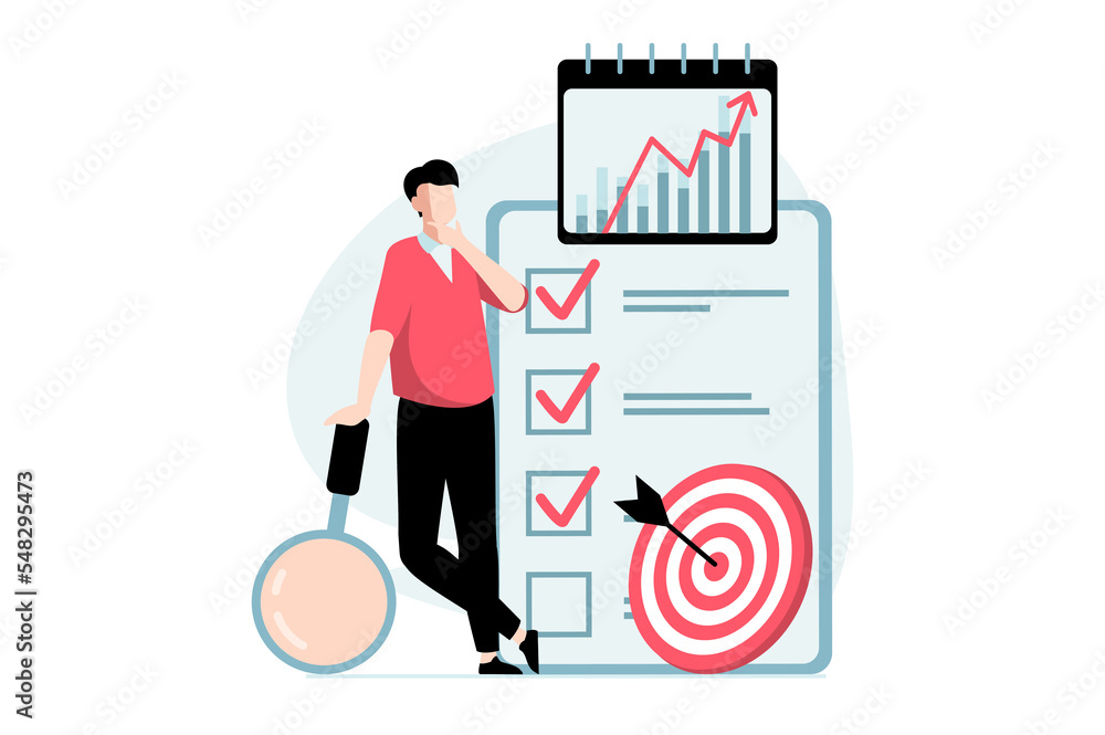 Leinwandbilder Strategic planning concept with people scene in flat design. Man analyzes business processes, plans tasks in list, targeting and achieving goals. Illustration with character situation for web