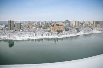 Downtown Aerial View of Saskatoon in Winter