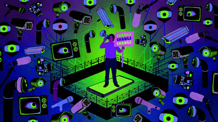 Angry protester behind barbed wire connected to media and surveillance network