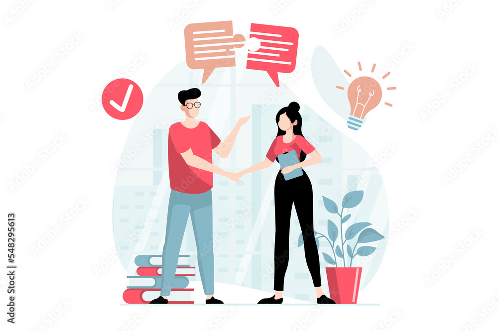 Poster teamwork concept with people scene in flat design. man and woman shake hands and make deal, collabor