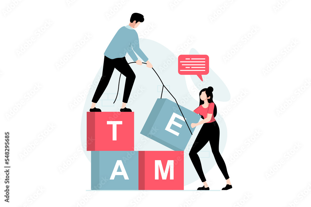 Poster teamwork concept with people scene in flat design. man and woman build with blocks, do work tasks, s