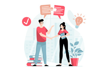 Teamwork concept with people scene in flat design. Man and woman shake hands and make deal, collaborate on project, agree on business partnership. Illustration with character situation for web
