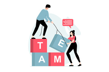 Teamwork concept with people scene in flat design. Man and woman build with blocks, do work tasks, support and help colleagues, team building. Illustration with character situation for web - obrazy, fototapety, plakaty