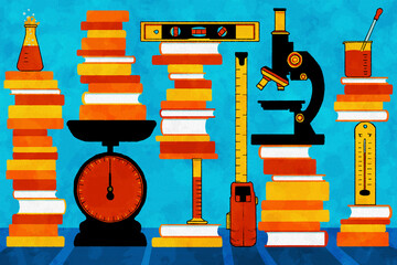Piles of books and measuring equipment