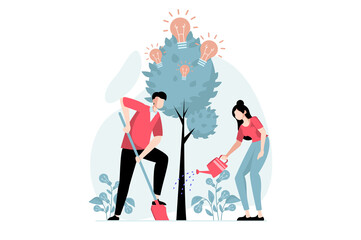 Plakat Teamwork concept with people scene in flat design. Man and woman watering money tree, develop business together and achieve financial growth. Illustration with character situation for web
