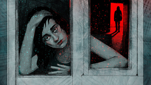 Helpless girl trapped in room with ominous figure in doorway