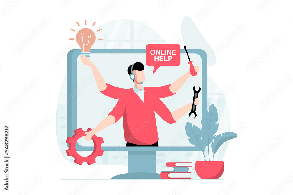 Aufkleber Technical support concept with people scene in flat design. Man in headset with tools helping to solve problems with computers and repairs online. Illustration with character situation for web