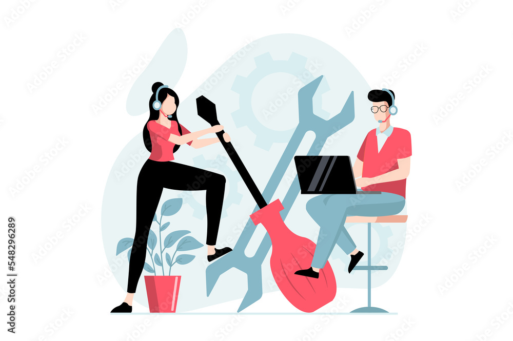 Fototapete Technical support concept with people scene in flat design. Man and woman in headset answer customer questions, help with troubles and settings. Illustration with character situation for web