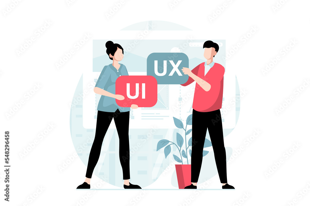 Poster UI and UX design concept with people scene in flat style. Team of designers creating sites interface, pages layout, doing research and prototyping. Illustration with character situation for web