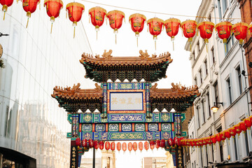 London Chinatown traditional gate and Chinese lanterns.
