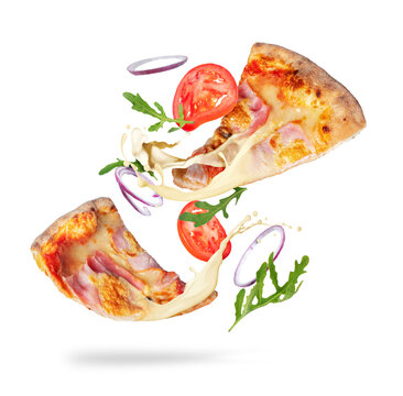 Two slices of pizza with melted cheese and ingredients closeup isolated on a white background