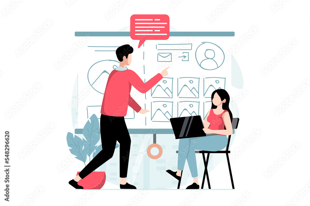 Aufkleber UI and UX design concept with people scene in flat style. Man and woman designers develop layout and discuss ideas, optimize and customize page. Illustration with character situation for web