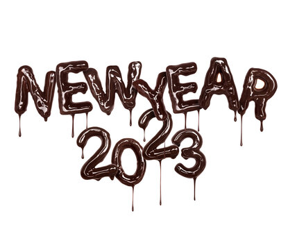 Date of the New Year 2023 made of melted dark chocolate isolated on a white background