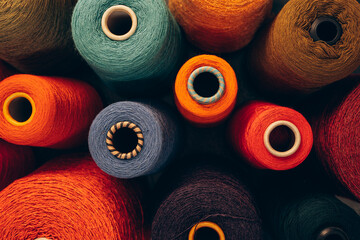 Composition of colorful vibrant wool threads from above.