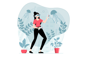 Virtual reality concept with people scene in flat design. Woman in VR glasses learning and using controllers to researching underwater sea world. Illustration with character situation for web