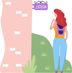 Inscription hostel, woman traveler, hotel building for tourists, design in cartoon style vector illustration, isolated on white.