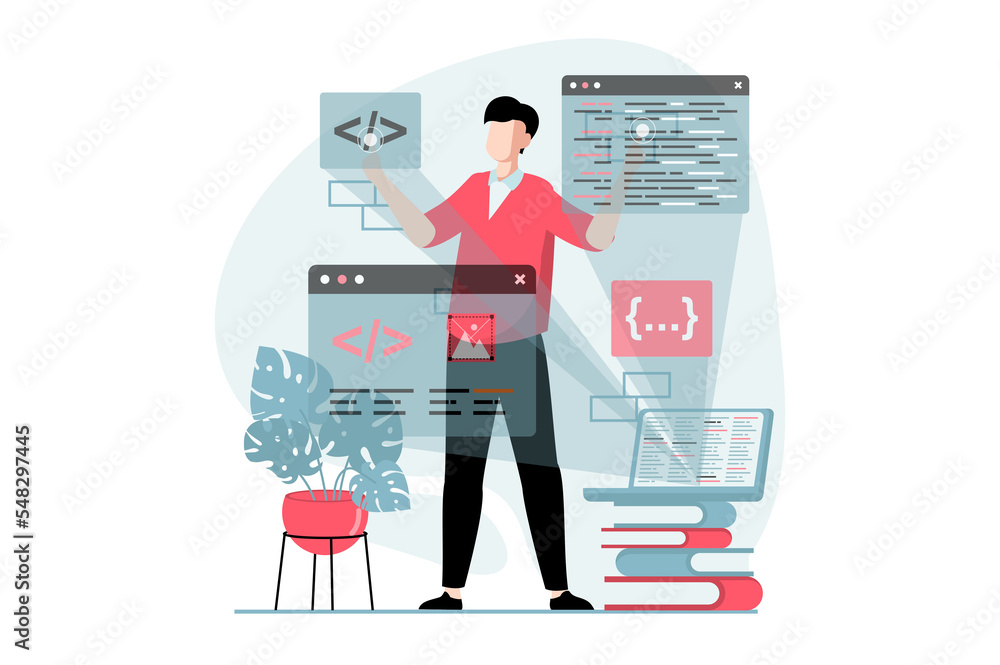 Fototapete Web development concept with people scene in flat design. Man works with different parts of code on projection screens, writing and testing code. Illustration with character situation for web