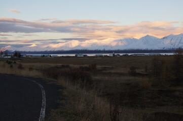 Naklejka na ściany i meble Sunset over Dalvic, Trollaskagi Peninsula North West of Akureyri whose name means 