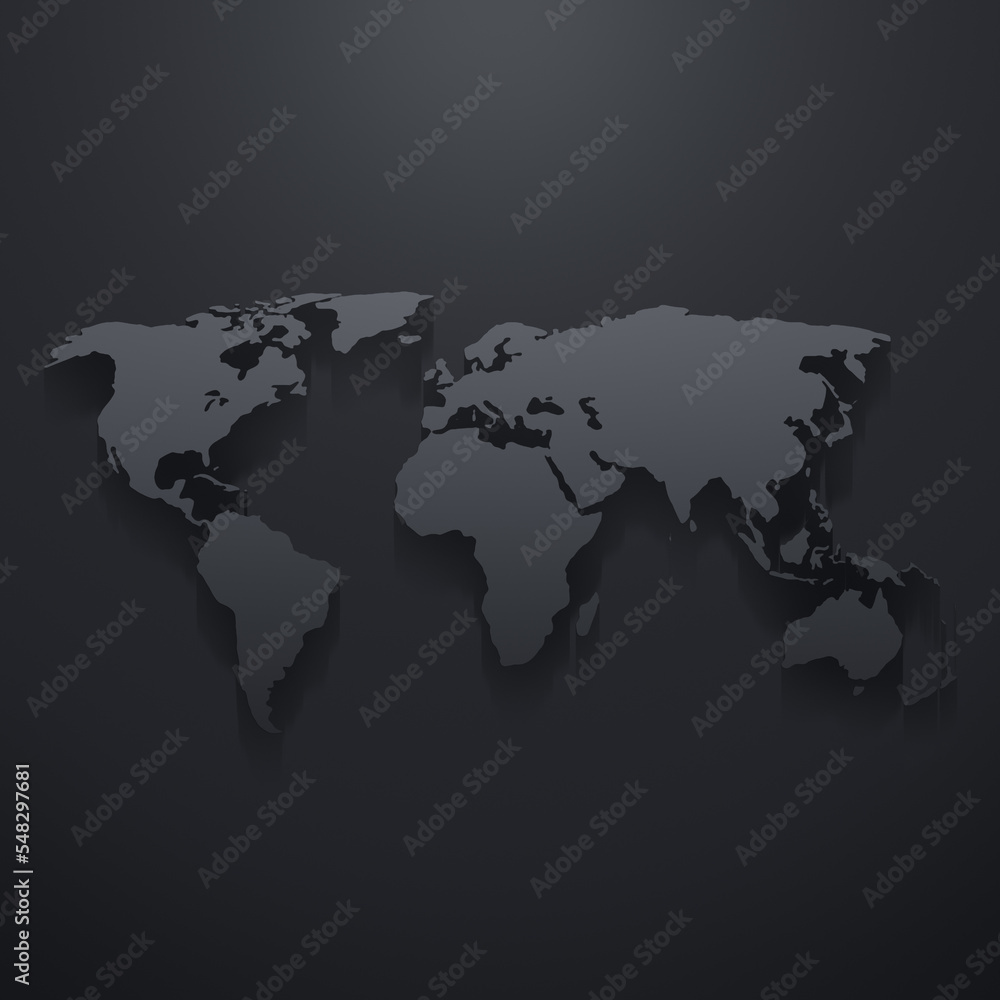 Poster gray world map with light effect and shadow on a dark grey background. high resolution clean and mod