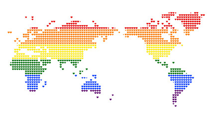 Asia centered world map made of rainbow colored hearts on white background. Gay pride and LGBT movement flag concept. 4k resolution.