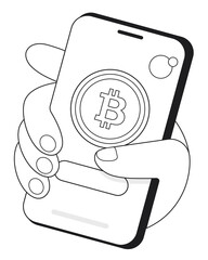 Buying or selling cryptocurrency in the application. Black and white vector illustration for website or digital content. Buying bitcoin