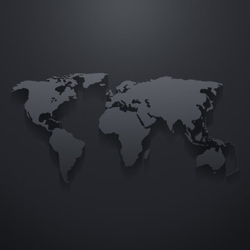 Fototapeta Gray world map with light effect and shadow on a dark grey background. High resolution clean and modern world map in black and white.
